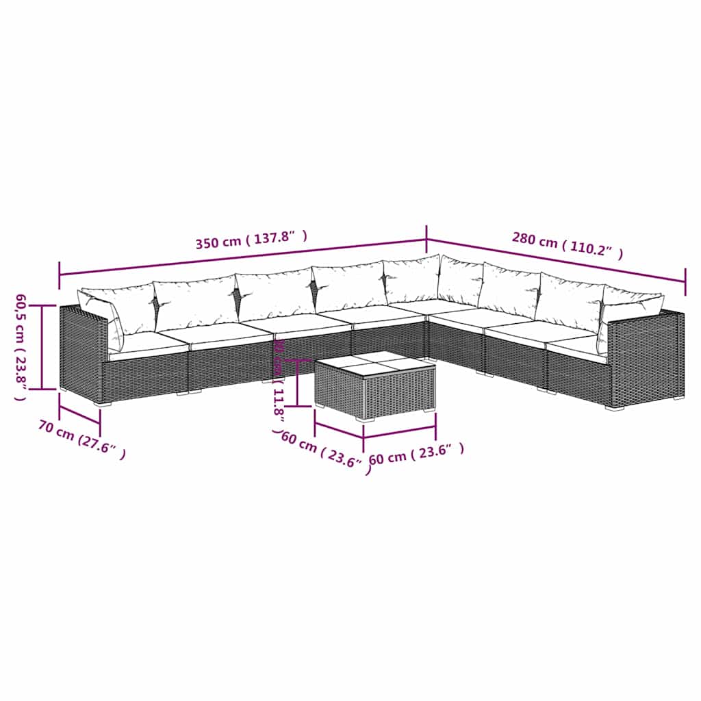 9 Piece Patio Lounge Set with Cushions Poly Rattan Brown