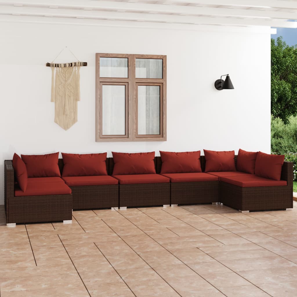 7 Piece Patio Lounge Set with Cushions Poly Rattan Brown