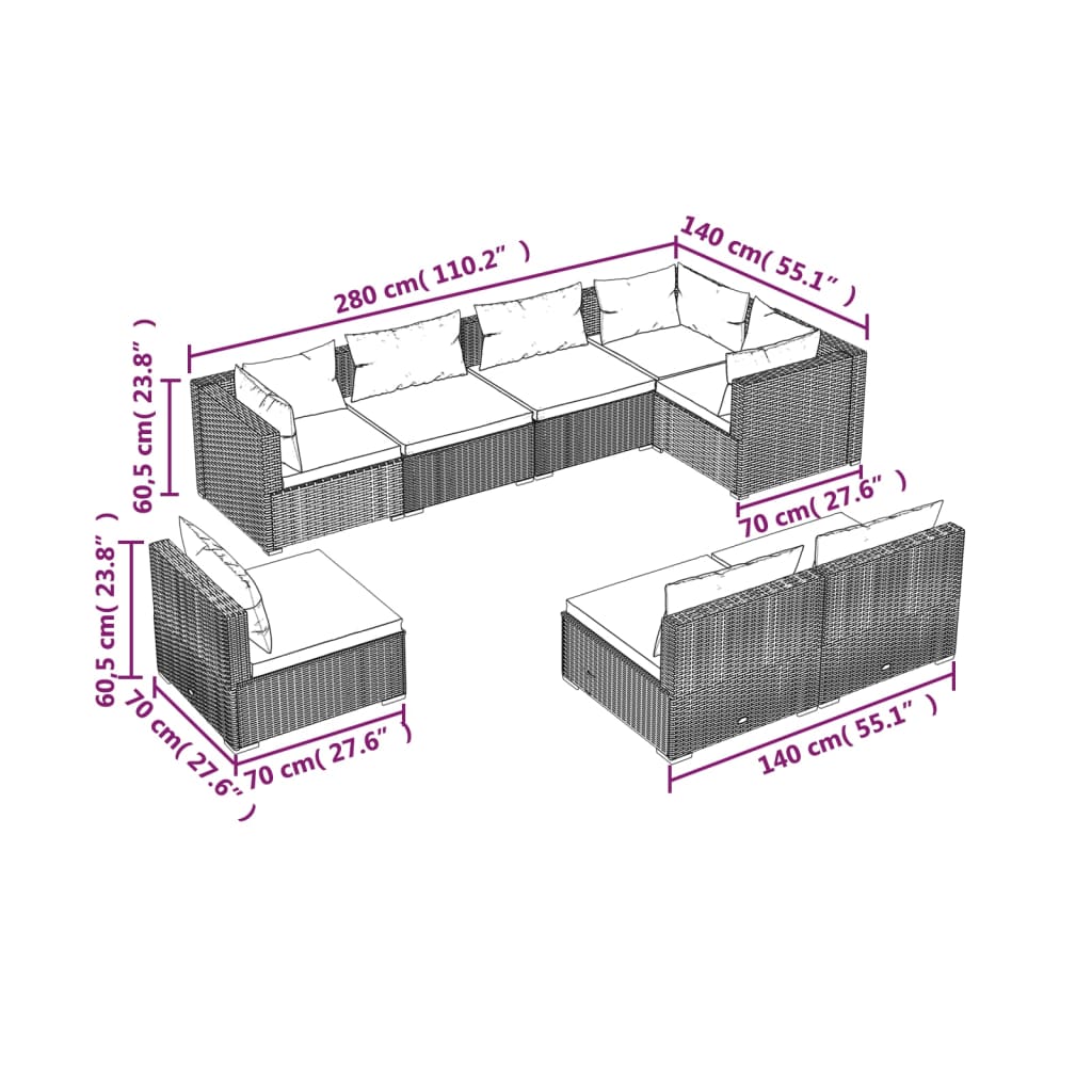 8 Piece Patio Lounge Set with Cushions Poly Rattan Brown
