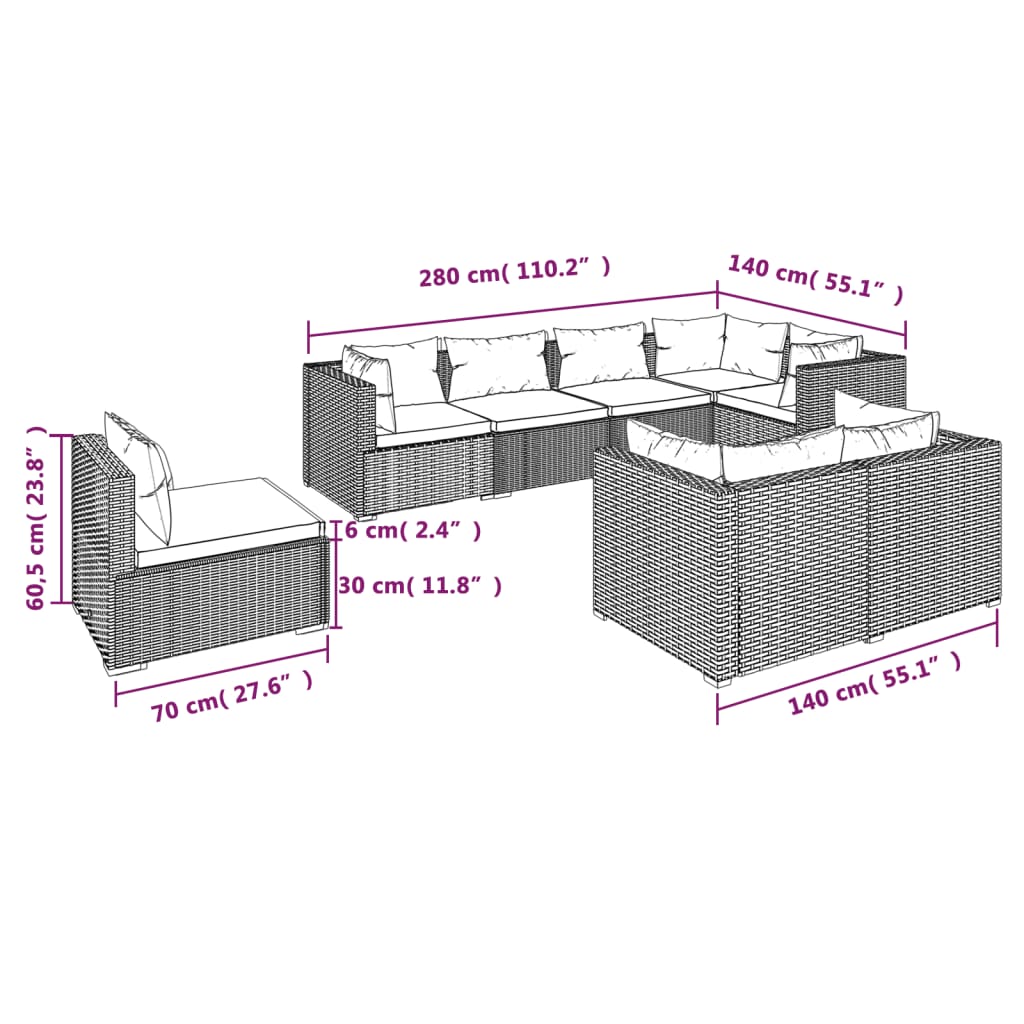 8 Piece Patio Lounge Set with Cushions Poly Rattan Black