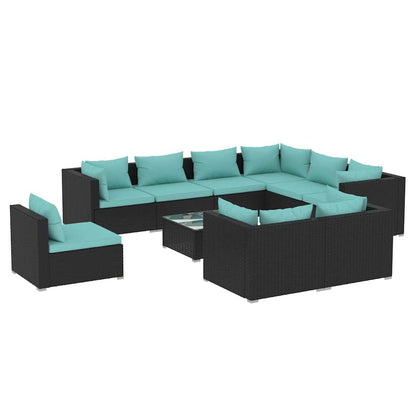 10 Piece Patio Lounge Set with Cushions Poly Rattan Black