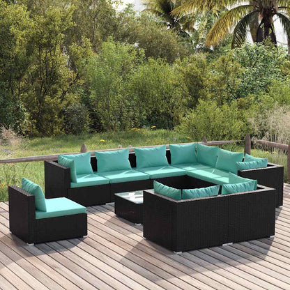 10 Piece Patio Lounge Set with Cushions Poly Rattan Black