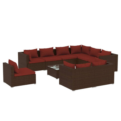 10 Piece Patio Lounge Set with Cushions Poly Rattan Brown