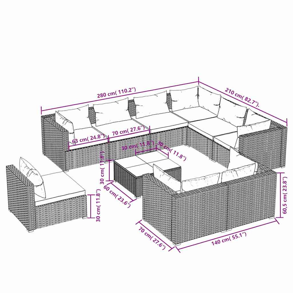 10 Piece Patio Lounge Set with Cushions Poly Rattan Brown
