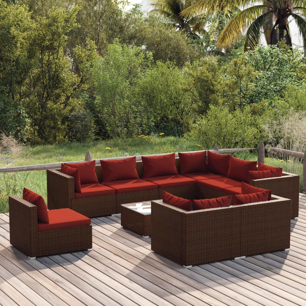 10 Piece Patio Lounge Set with Cushions Poly Rattan Brown