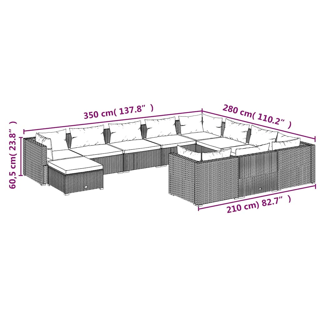 11 Piece Patio Lounge Set with Cushions Poly Rattan Black