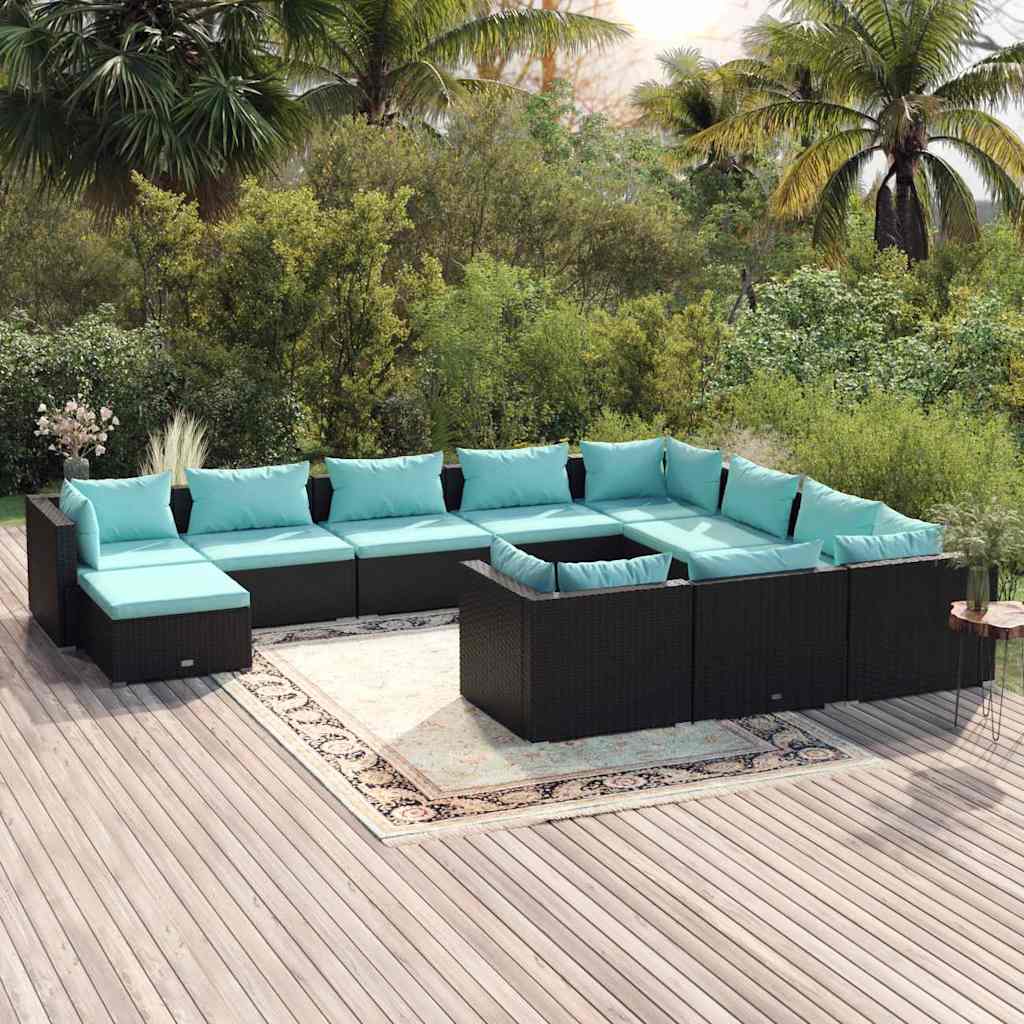 11 Piece Patio Lounge Set with Cushions Poly Rattan Black