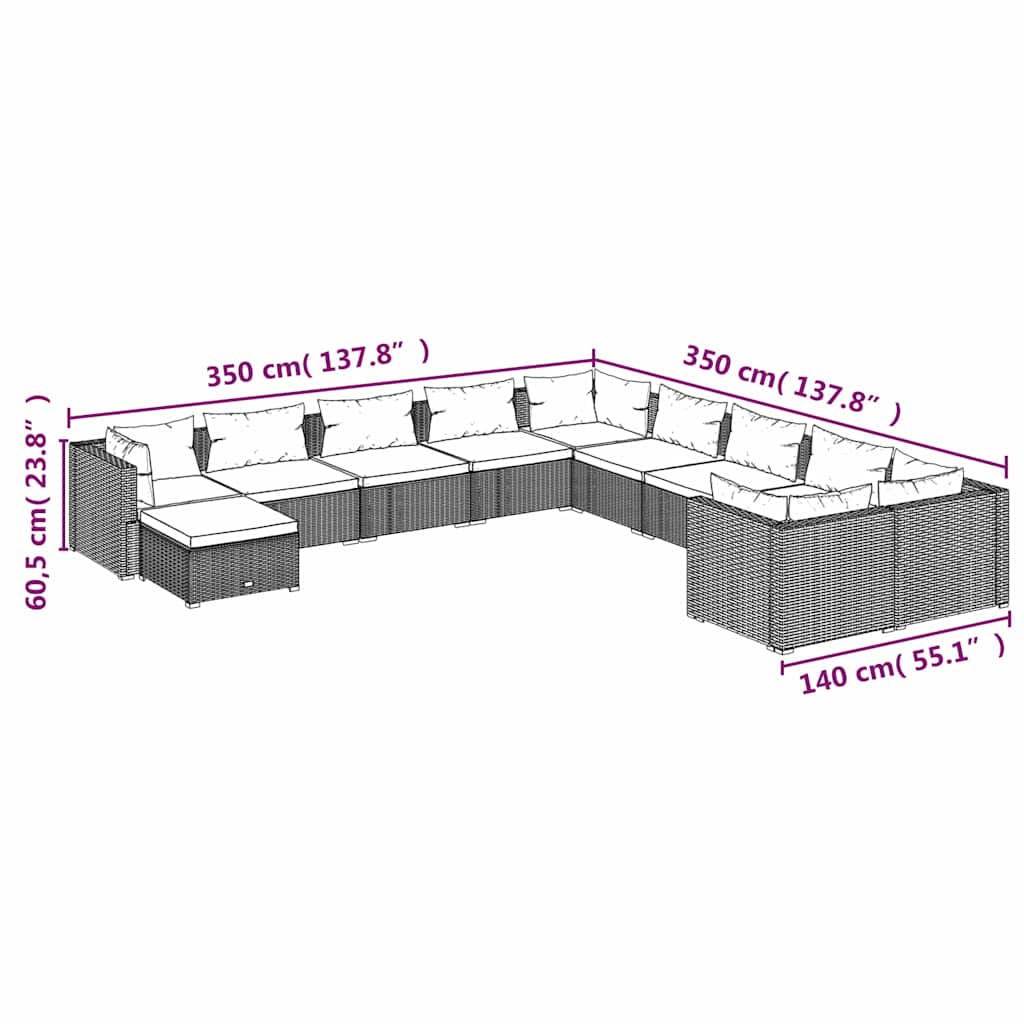 11 Piece Patio Lounge Set with Cushions Poly Rattan Black