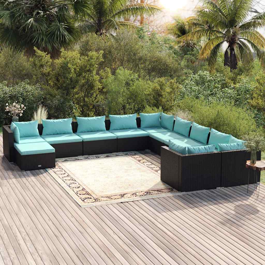 11 Piece Patio Lounge Set with Cushions Poly Rattan Black