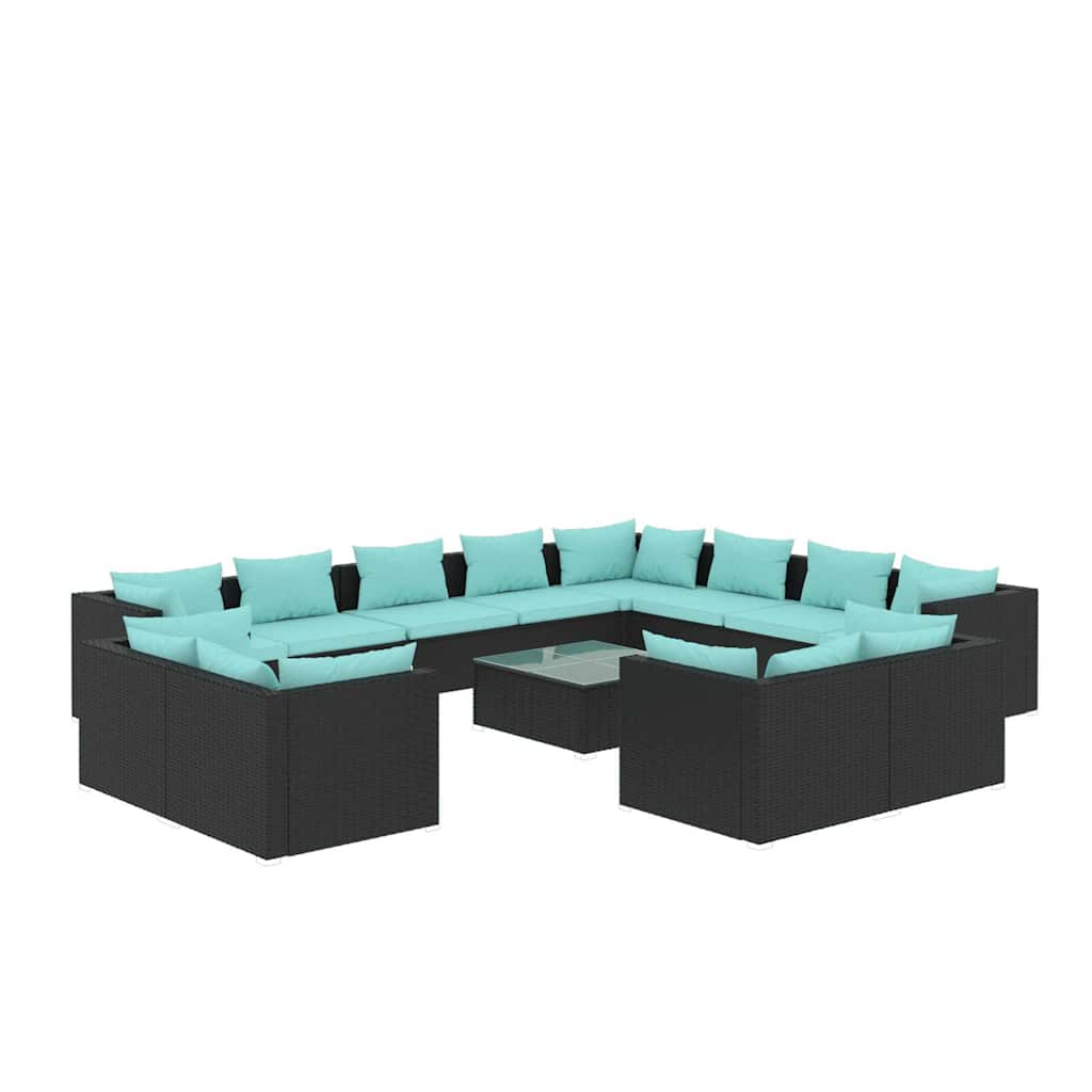 13 Piece Patio Lounge Set with Cushions Black Poly Rattan