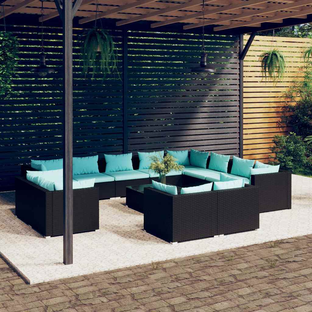 13 Piece Patio Lounge Set with Cushions Black Poly Rattan