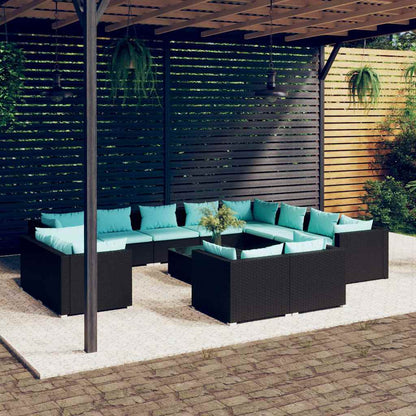 13 Piece Patio Lounge Set with Cushions Black Poly Rattan