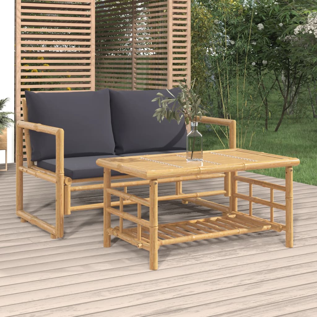 2 Piece Patio Lounge Set with Dark Gray Cushions Bamboo
