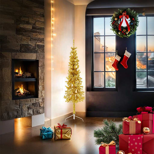 Artificial Half Christmas Tree Gold PVC, Steel Slim, Space-Saving