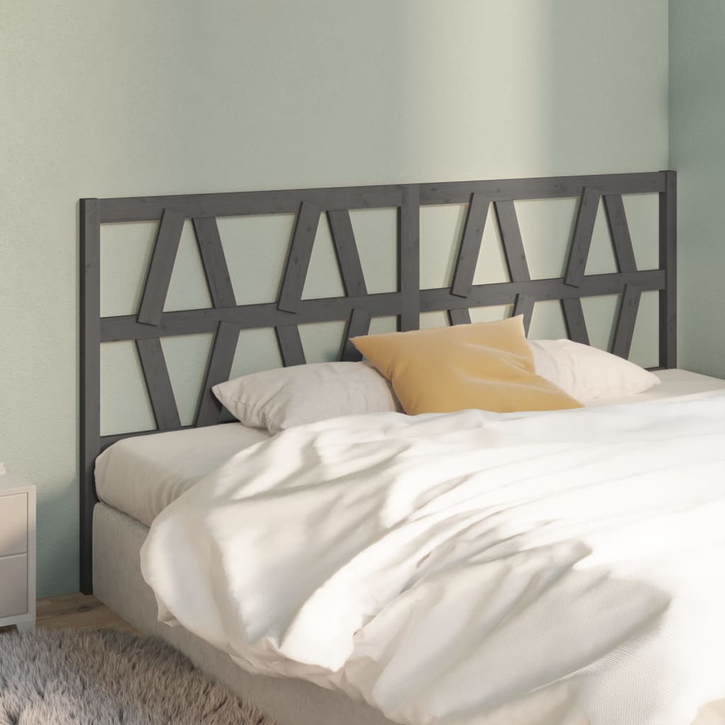 Bed Headboard | Grey | Solid pine wood | 206x4x100 cm | Decorative Inlays