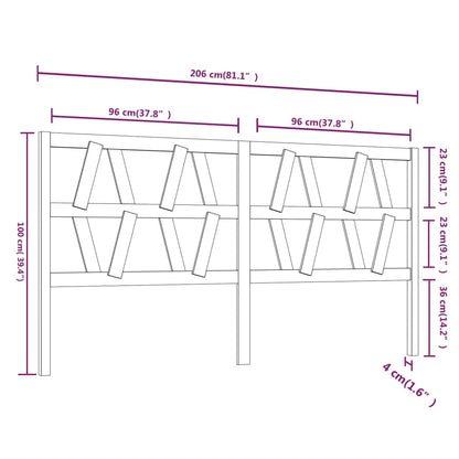 Bed Headboard | Grey | Solid pine wood | 206x4x100 cm | Decorative Inlays