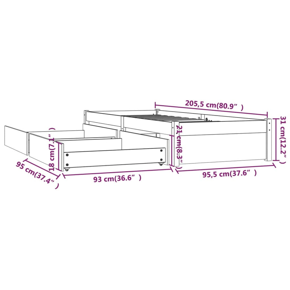 Bed Frame with Drawers White 90x200 cm