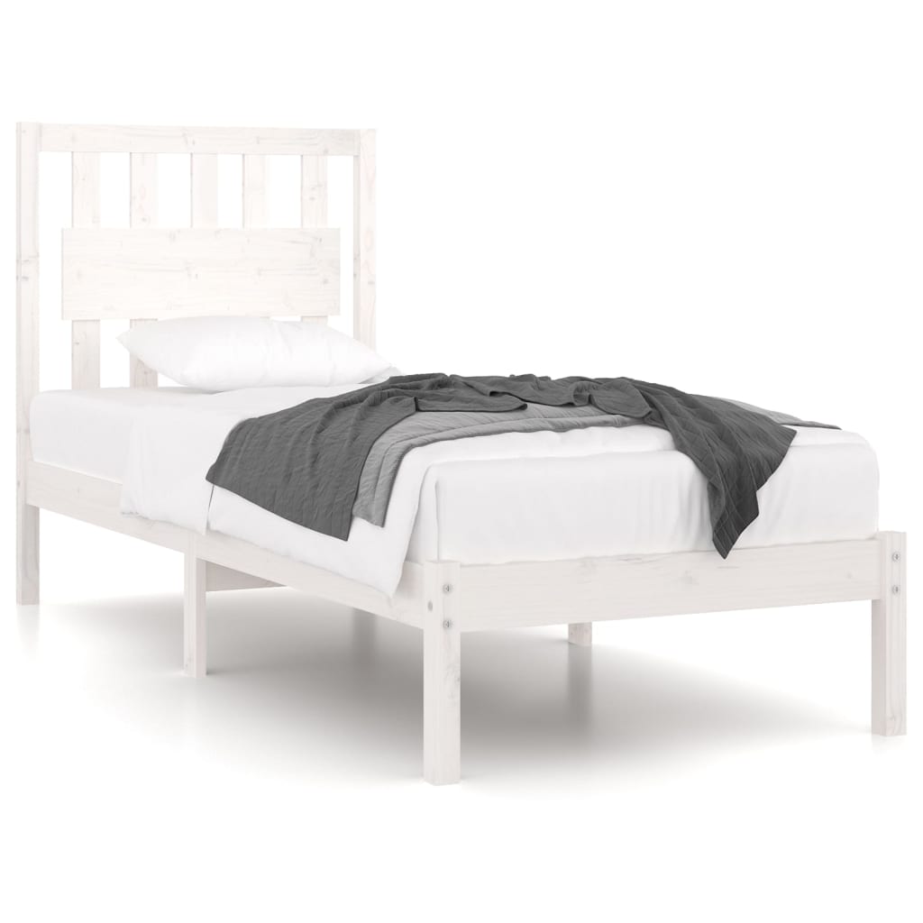 Bed Frame | White | Solid pine wood | 90x200 cm | Decorative Inlays
