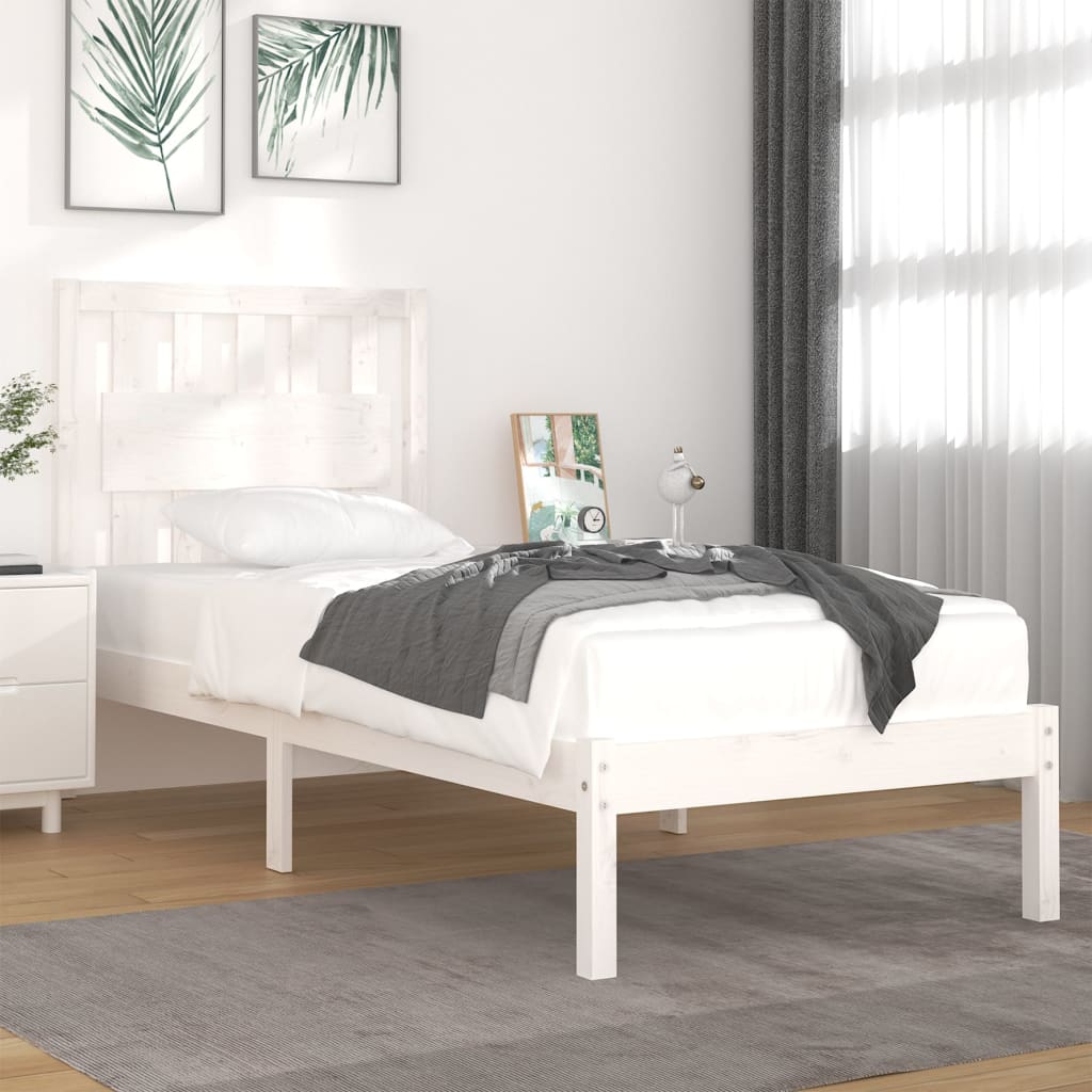 Bed Frame | White | Solid pine wood | 90x200 cm | Decorative Inlays