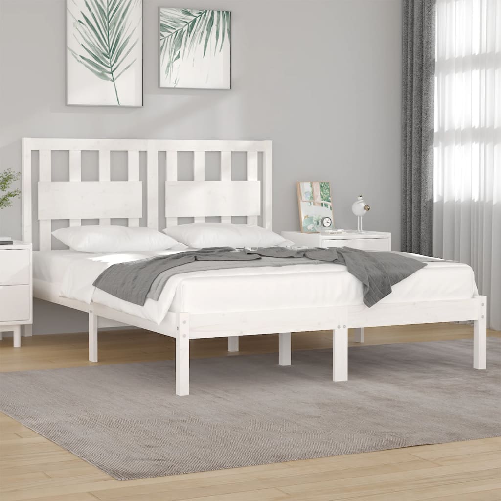 Bed Frame | White | Solid pine wood | 120 x 200 cm |  Decorative Inlays
