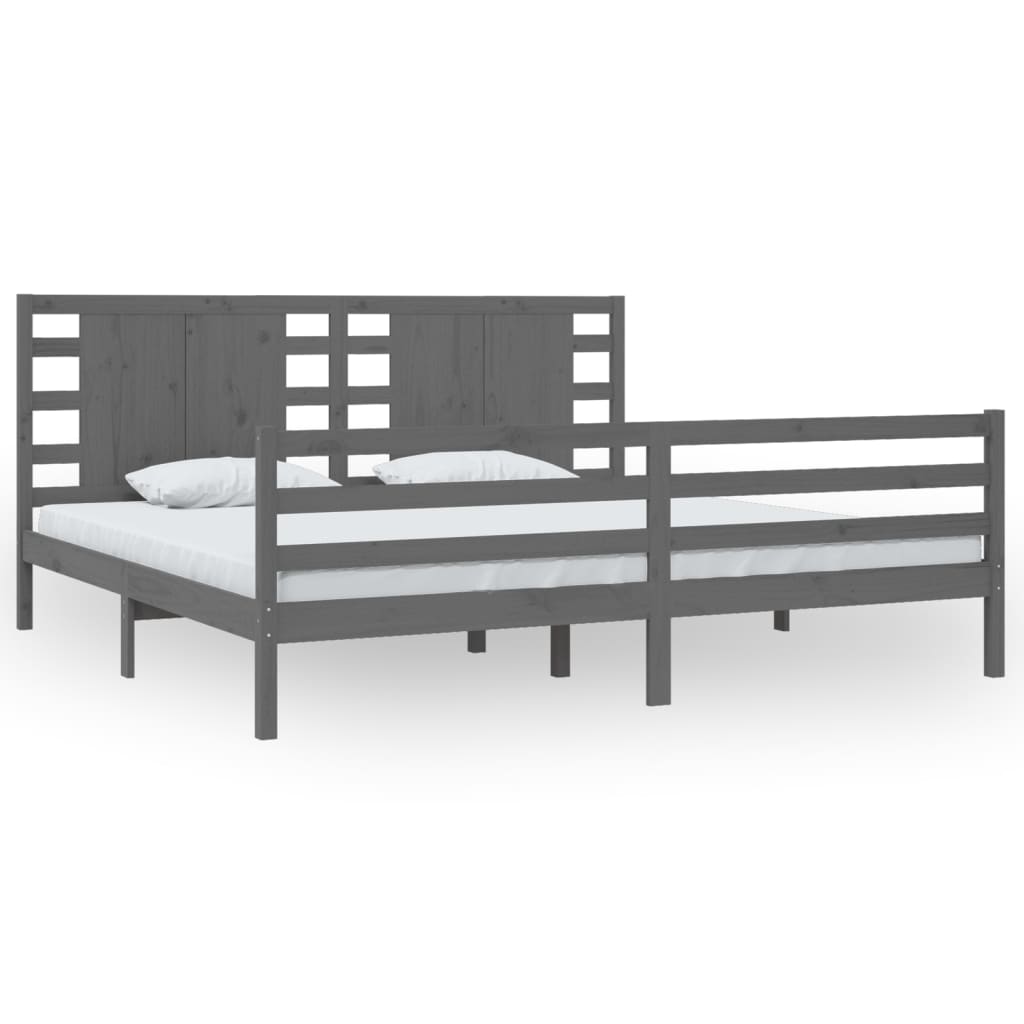 Bed Frame | Grey | Solid pinewood | Double | Decorative Inlays