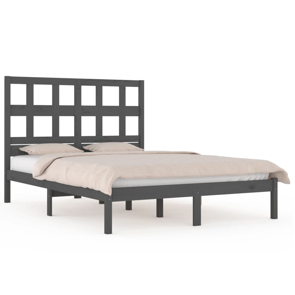 Bed Frame | Grey | Solid pinewood | 200x200 cm | Decorative Inlays