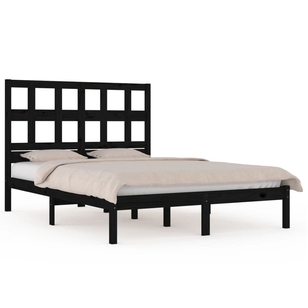 Bed Frame | Black | Solid pinewood | 200 x 200 cm | Decorative Inlays