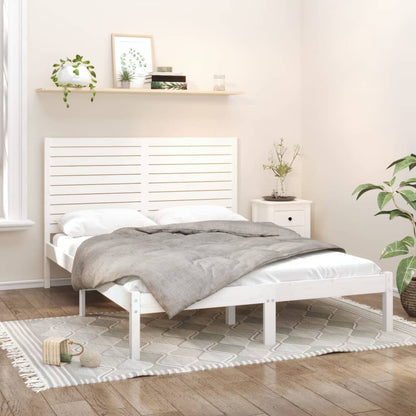 Bed Frame | White | Solid pinewood | Double | Decorative Inlays
