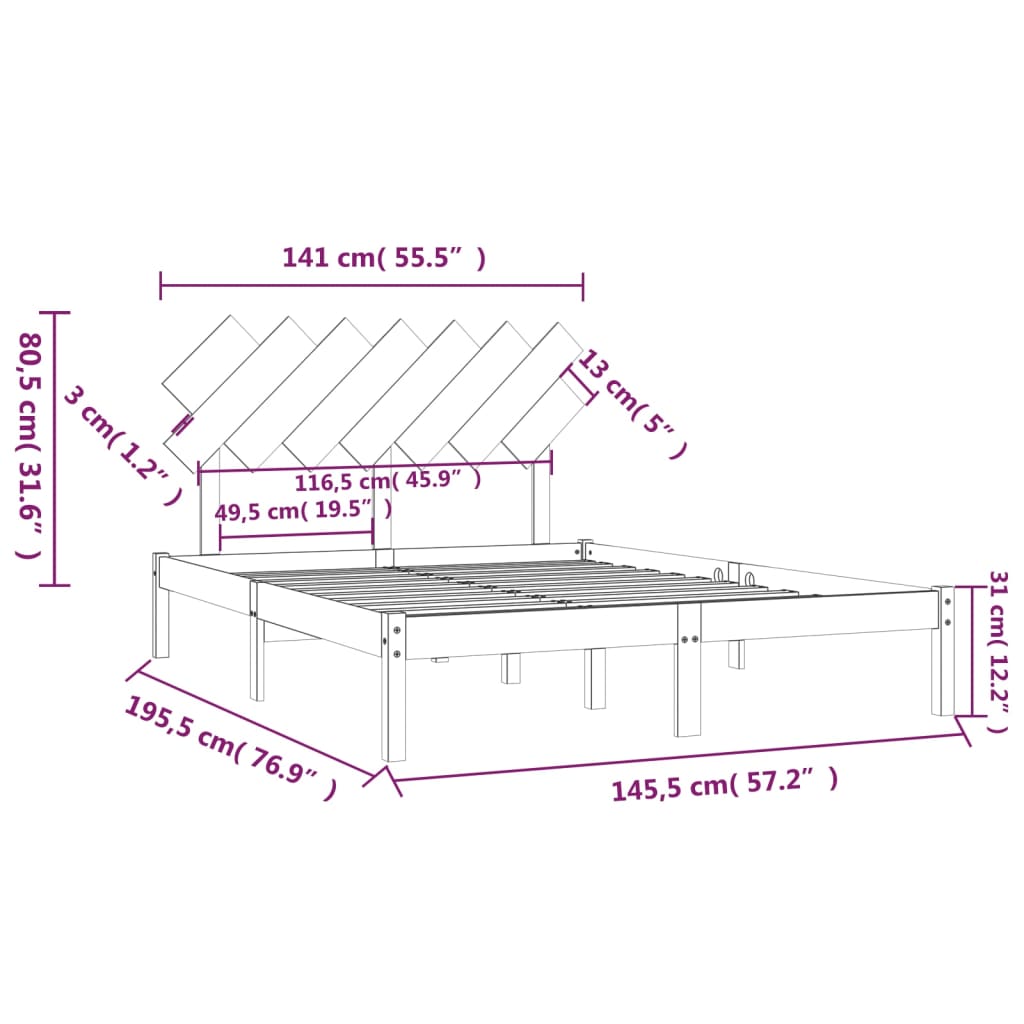 Bed Frame | Black | Solid pine wood, Plywood | 140x190 cm |  Durable