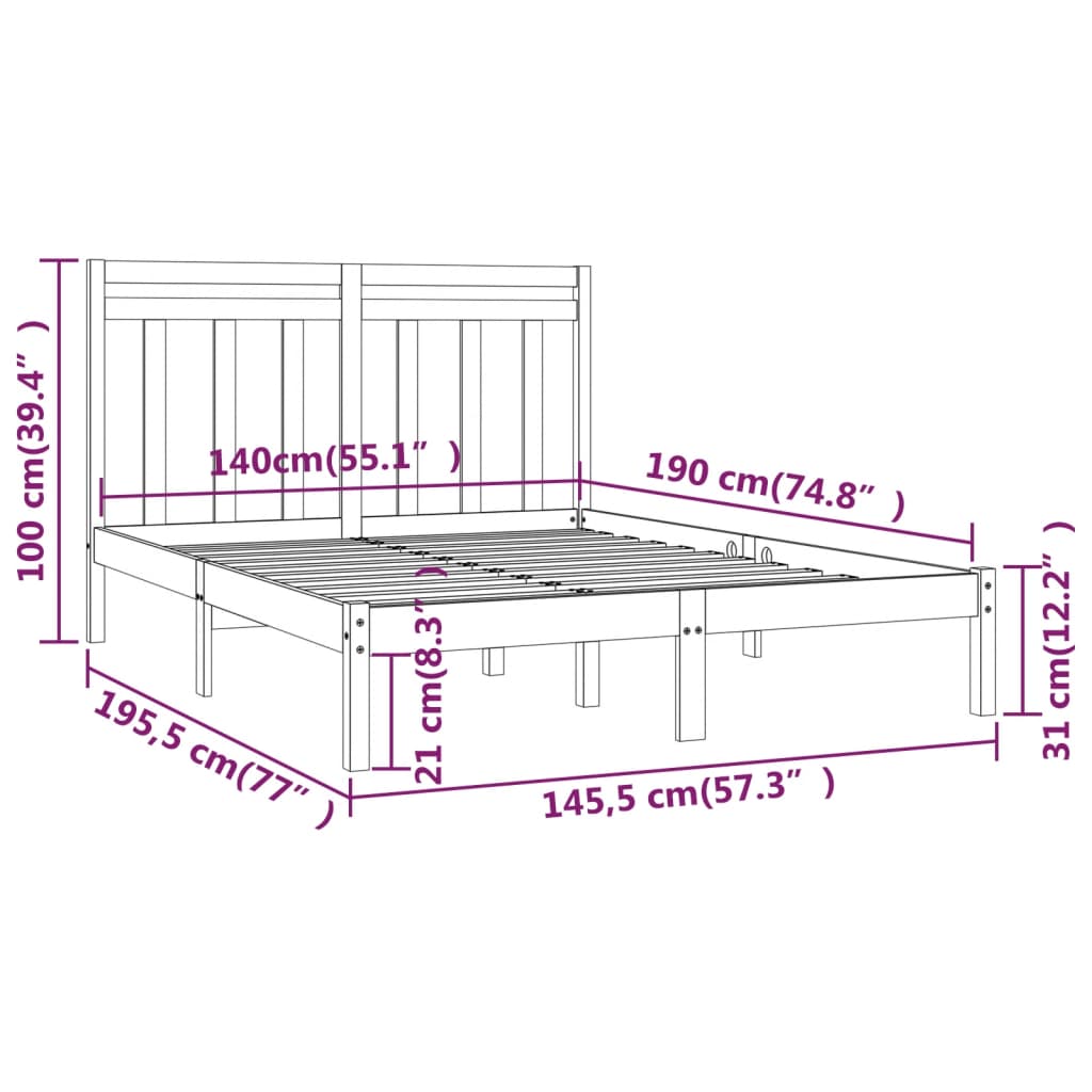 Bed Frame | Black | Solid Pine Wood, Plywood | 140 x 190 cm | Simple