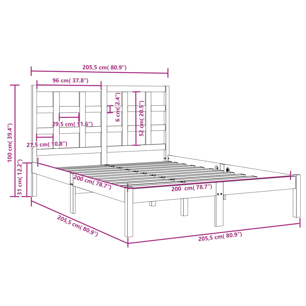 Bed Frame | Black | Solid pinewood | Double | Simplistic | Bed Frame