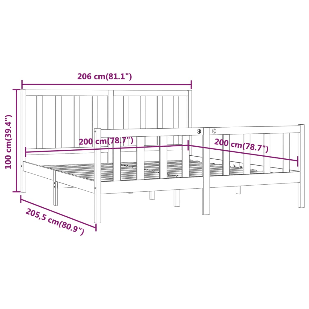 Bed Frame | Black | Solid pine wood | 200x200 cm | Durable | Bed Frame