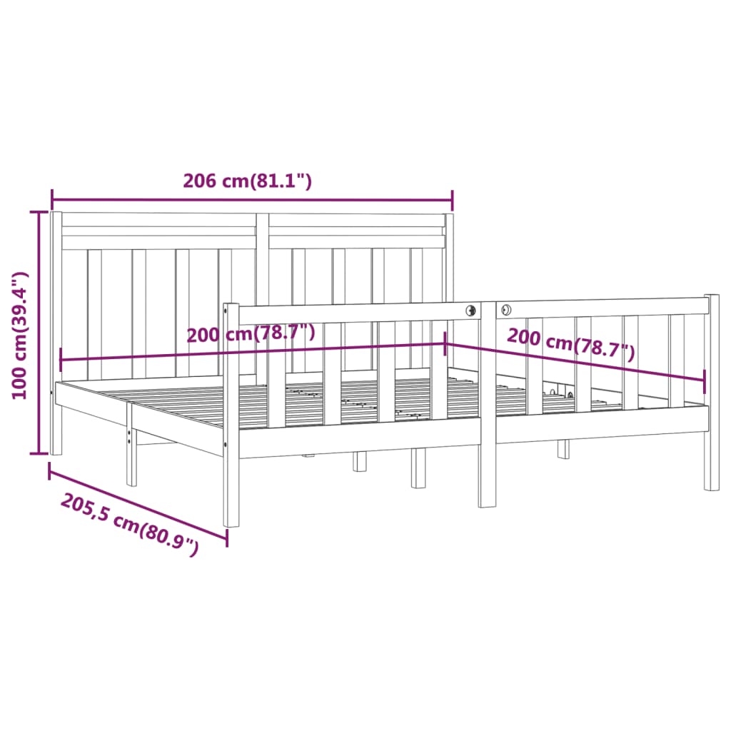 Bed Frame | Black | Solid pine wood and plywood | 200x200 cm | Durable