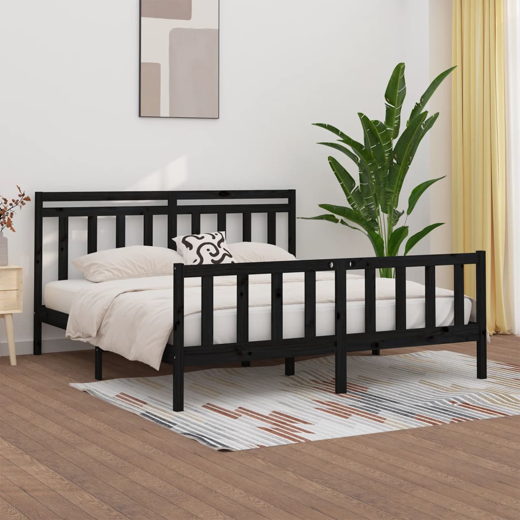 Bed Frame | Black | Solid pine wood and plywood | 200x200 cm | Durable