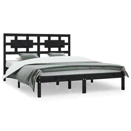 Bed Frame | Black | Solid Pine Wood | 200x200 cm | Rectangular | Rustic