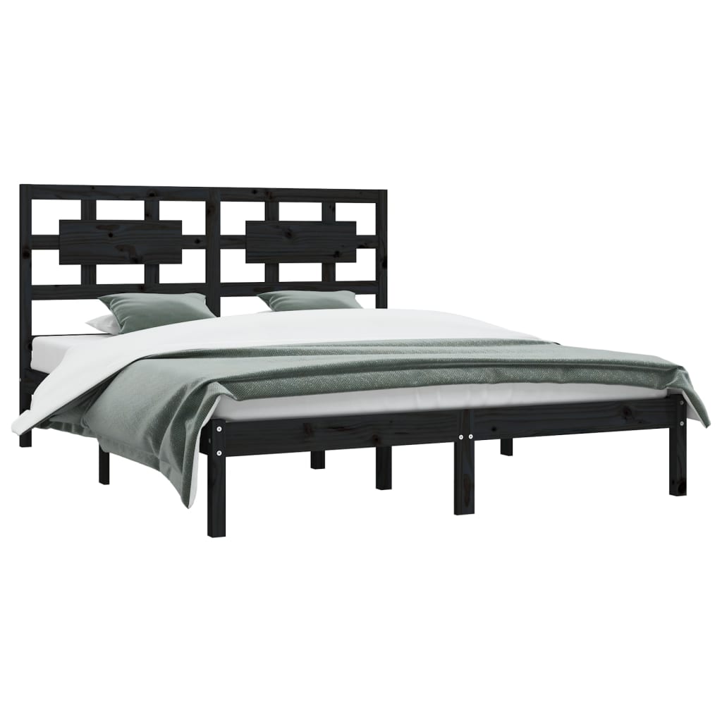 Bed Frame | Black | Solid Pine Wood | 200x200 cm | Rectangular | Rustic