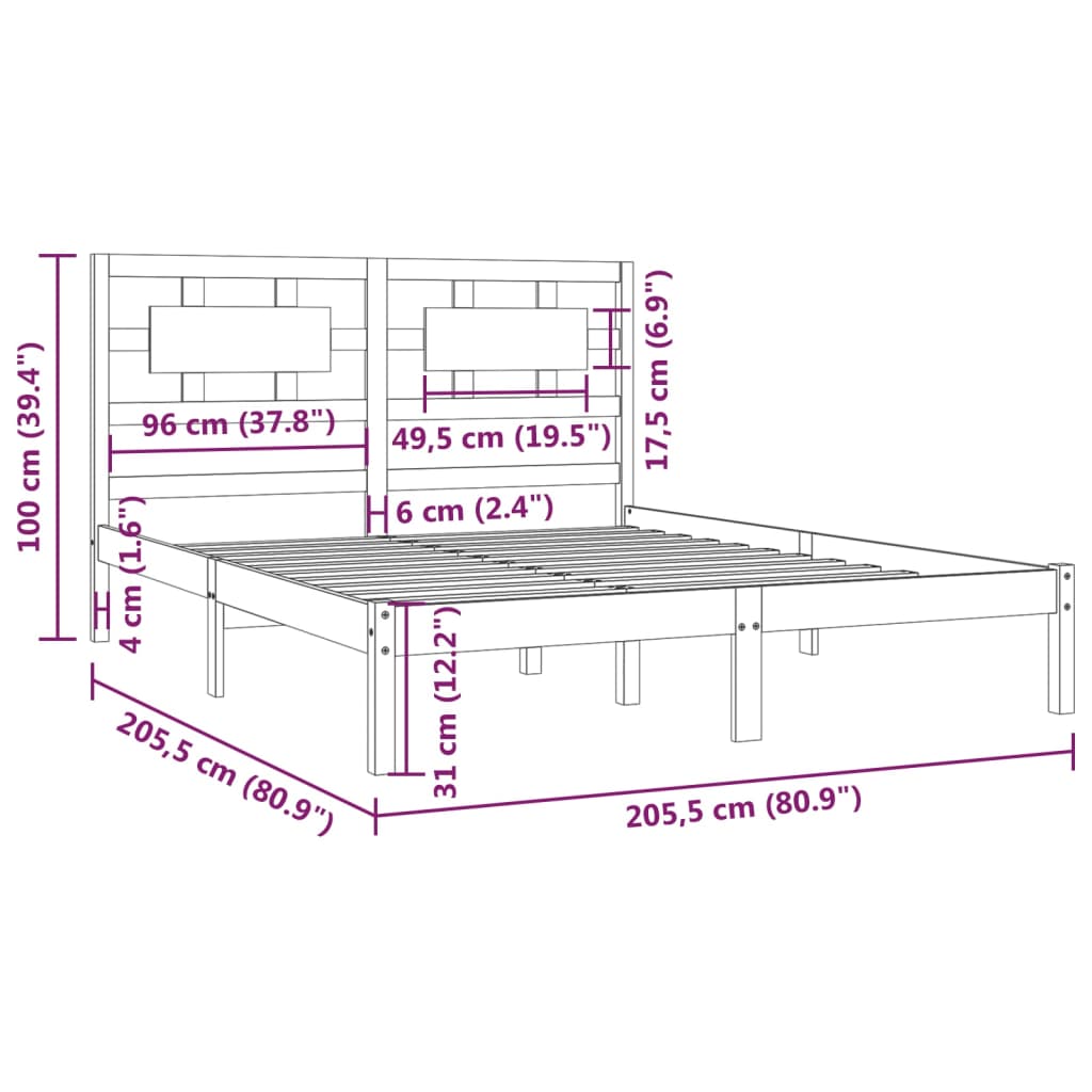 Bed Frame | Black | Solid Pine Wood | 200x200 cm | Rectangular | Rustic