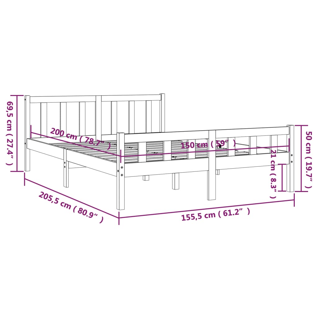 Bed Frame | White | Solid Pine Wood | King Size |  Durable | Bed Frame