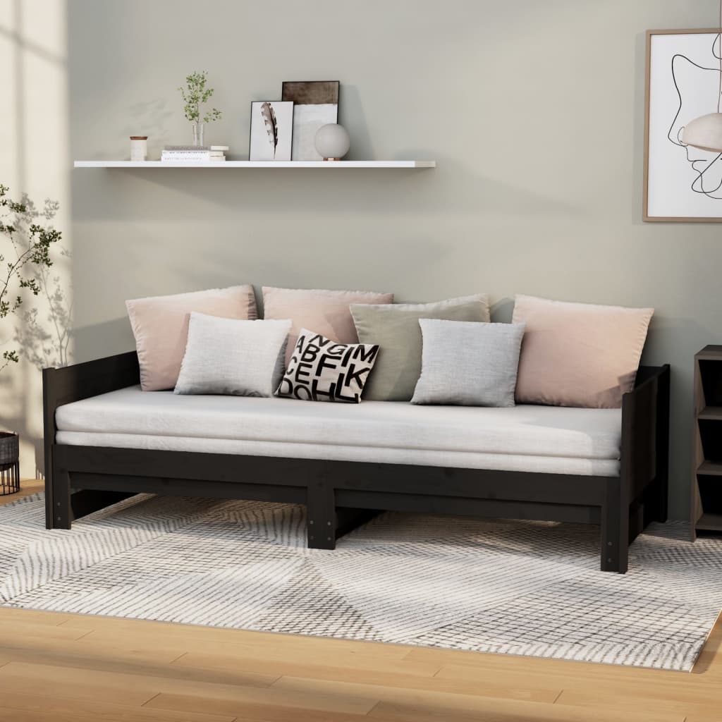 Pull-out Day Bed | Black | Solid pine wood | 2x | Convertible