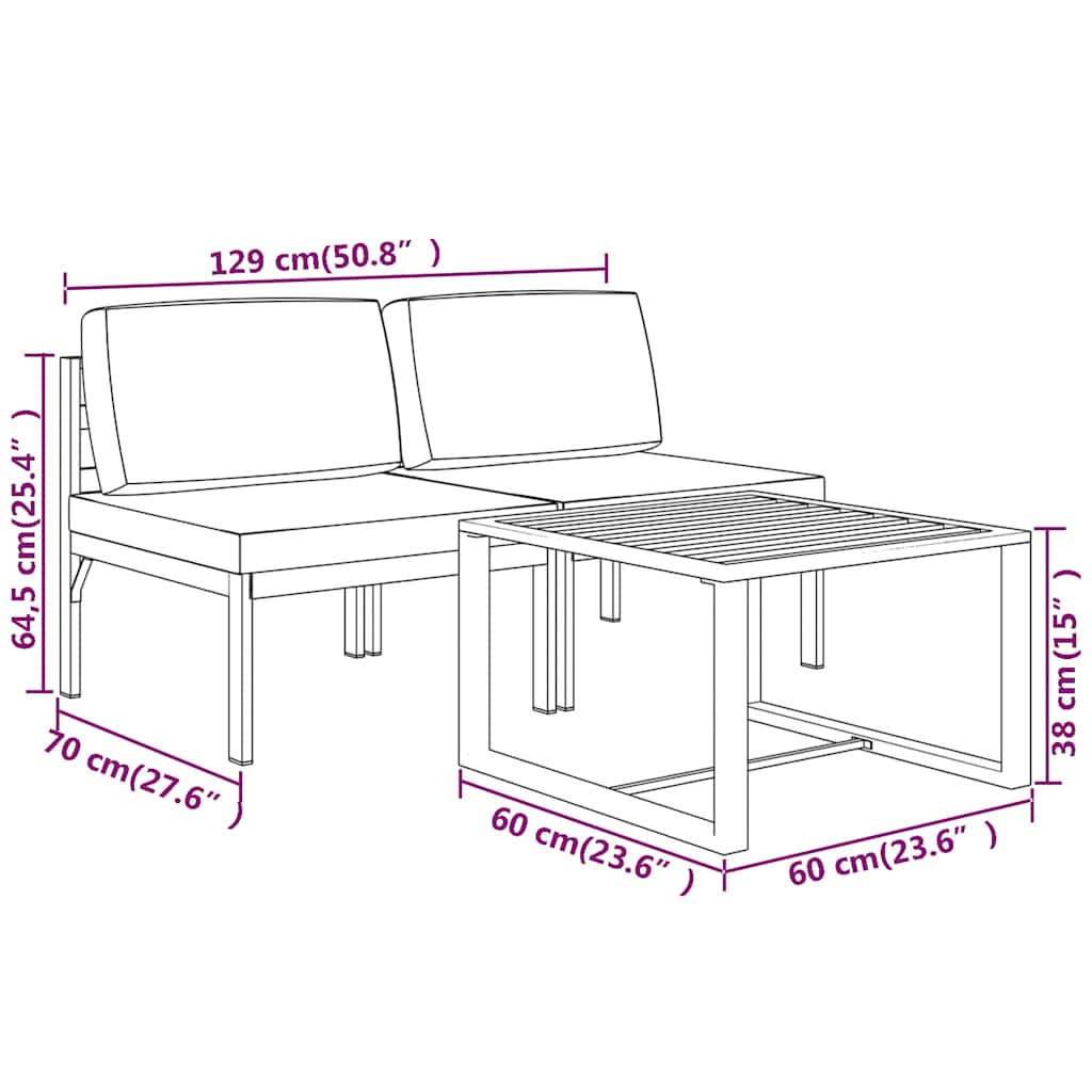 3 Piece Patio Lounge Set with Cushions Aluminum Anthracite
