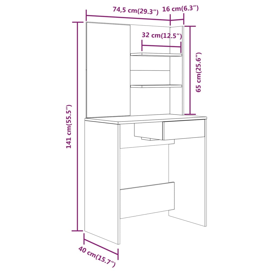 Dressing Table with Mirror Concrete Grey 74.5x40x141 cm