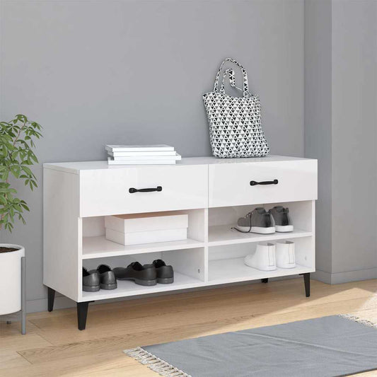 Shoe Cabinet | High gloss white | Engineered wood | 102x35x55 cm