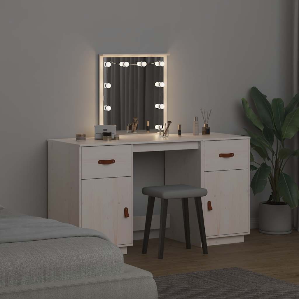 Dressing Table Set with LED White Solid Wood Pine