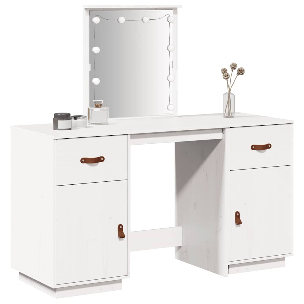 Dressing Table Set with LED White Solid Wood Pine