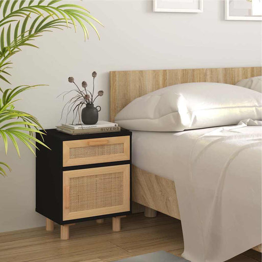 Bedside Cabinet | Black | Engineered wood, Solid pinewood, Natural rattan
