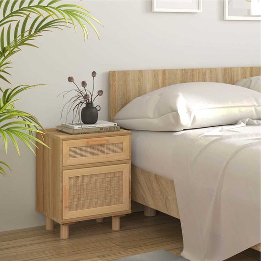 Bedside Cabinet | Brown | Engineered wood, Solid pinewood, Natural rattan