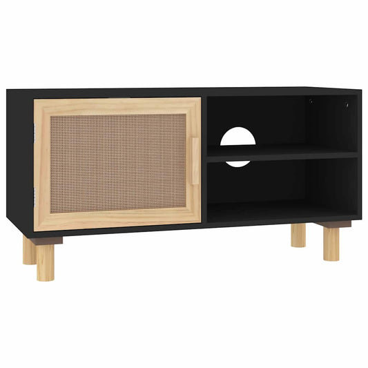 TV Cabinet | Black | Engineered wood, Solid pinewood, Natural rattan