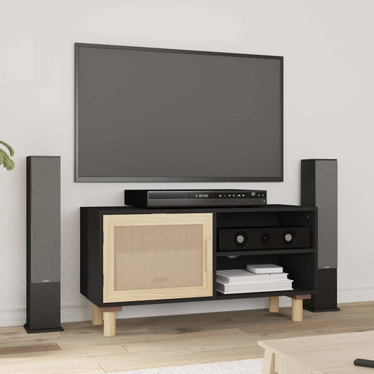 TV Cabinet | Black | Engineered wood, Solid pinewood, Natural rattan