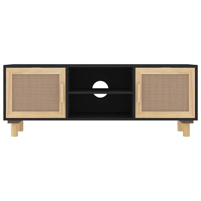 TV Cabinet Black 105x30x40 cm Solid Wood Pine&Natural Rattan
