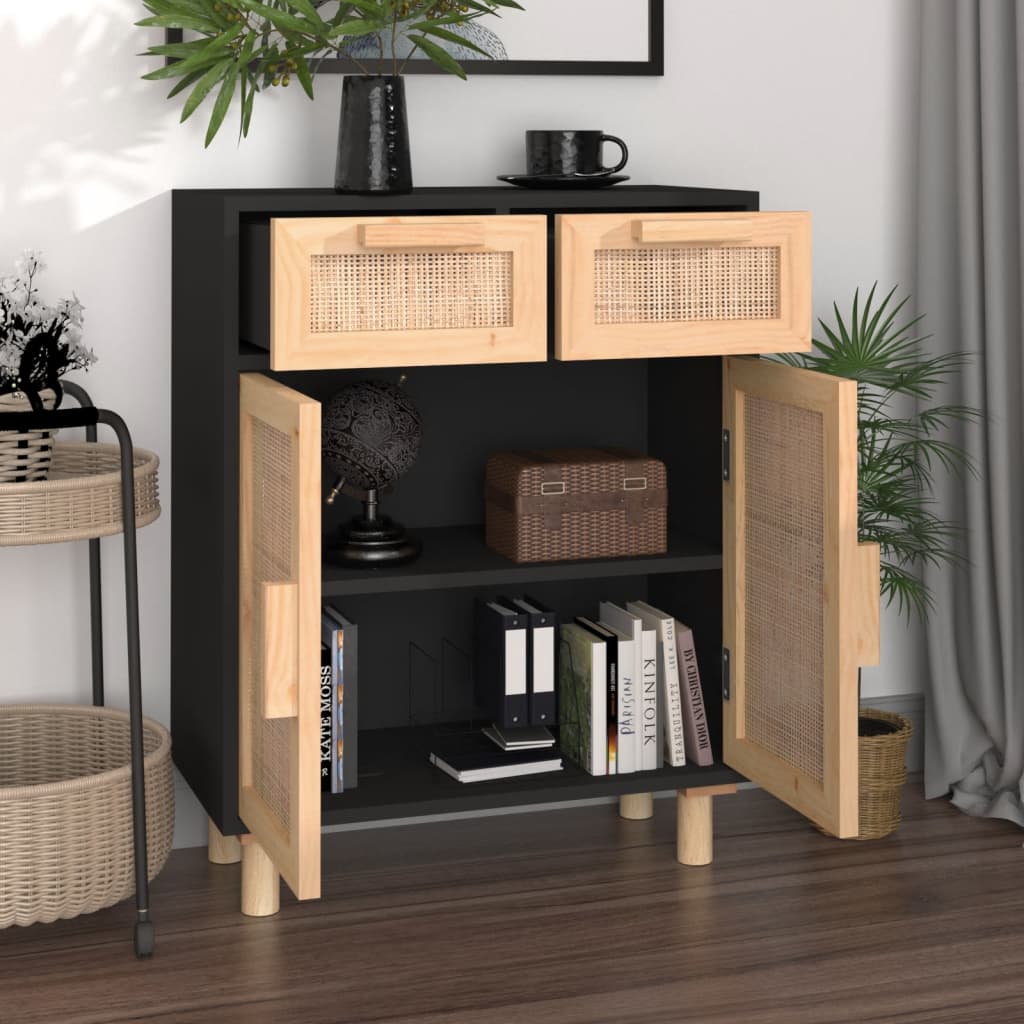 Sideboard | Black | Engineered wood, solid pinewood, natural rattan